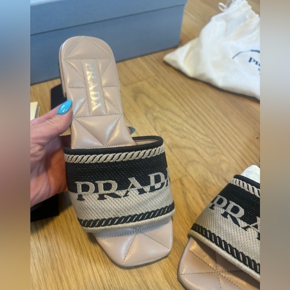 Prada Beige/Black Logo Print Canvas Flat Slides 36.5 - Picture 6 of 8